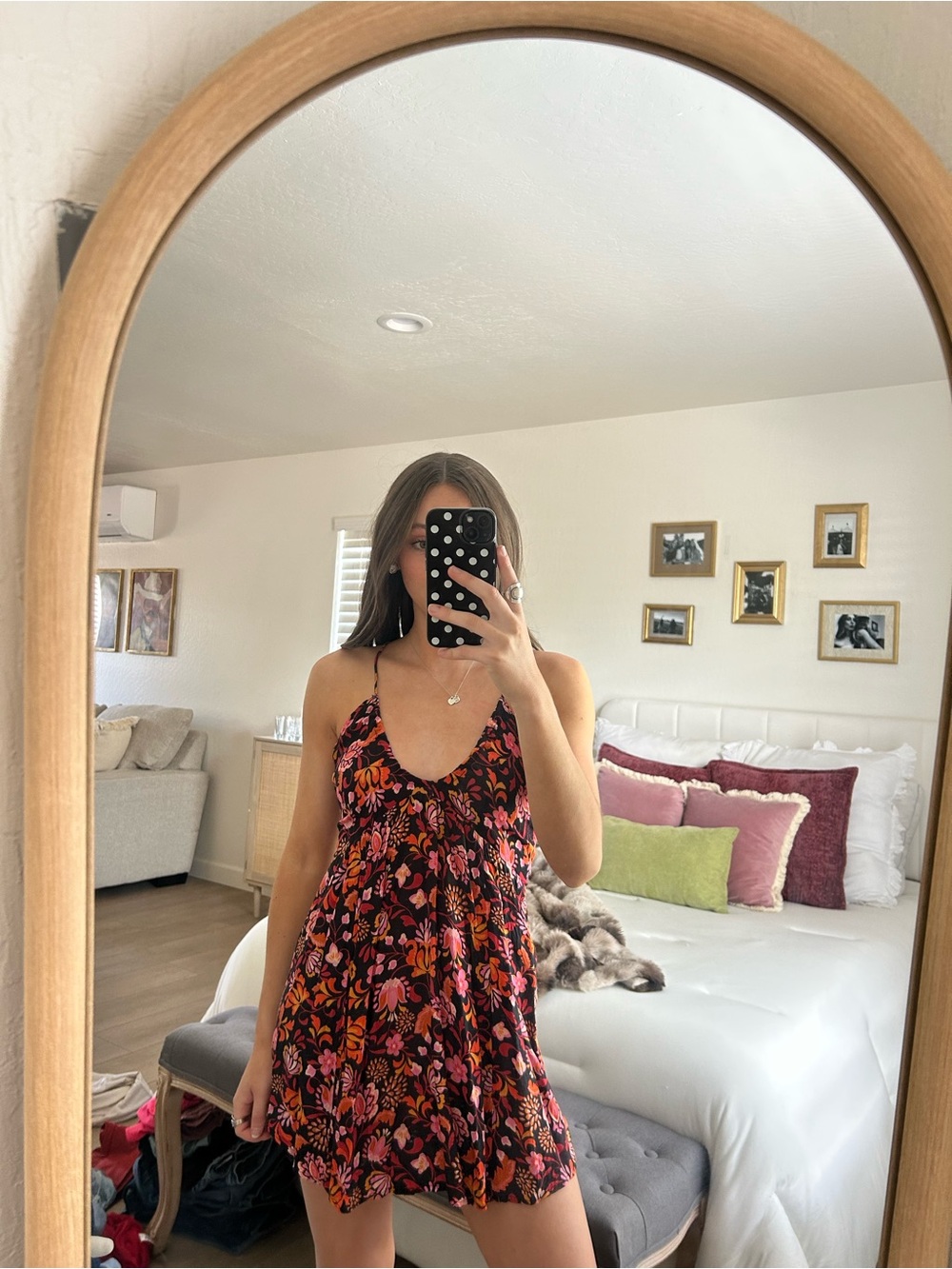 Free People Black Floral Slip Mini Dress with Pink and Orange Accents xs